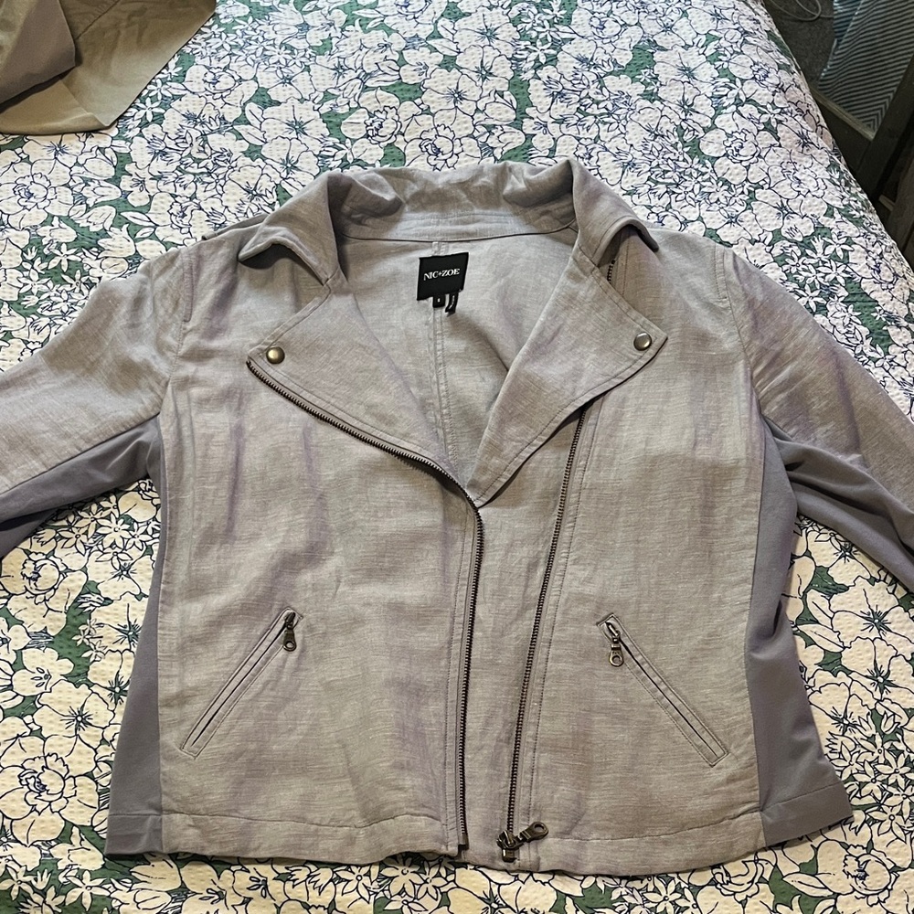 Anthropologie Nic + Zoe Women's Blue Moto linen Jacket Size Small